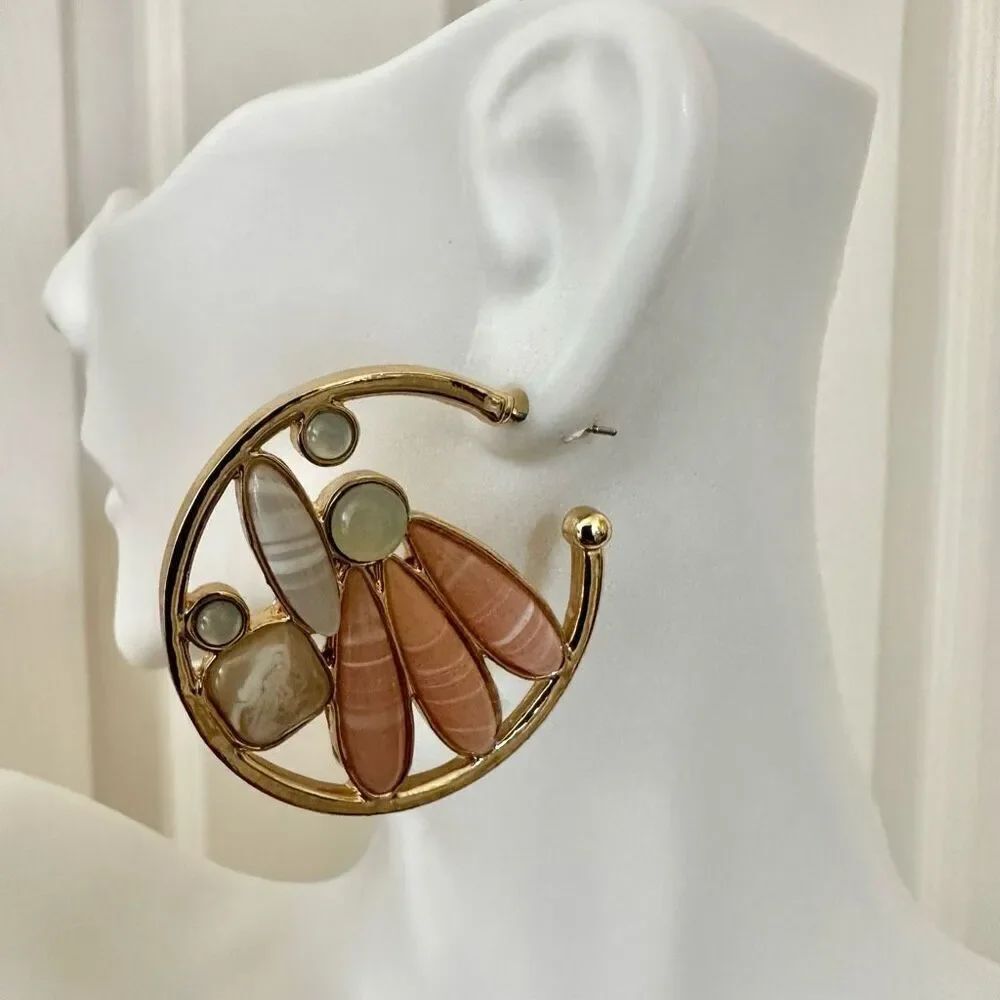 Gold tone peach beaded  circle hoop earrings